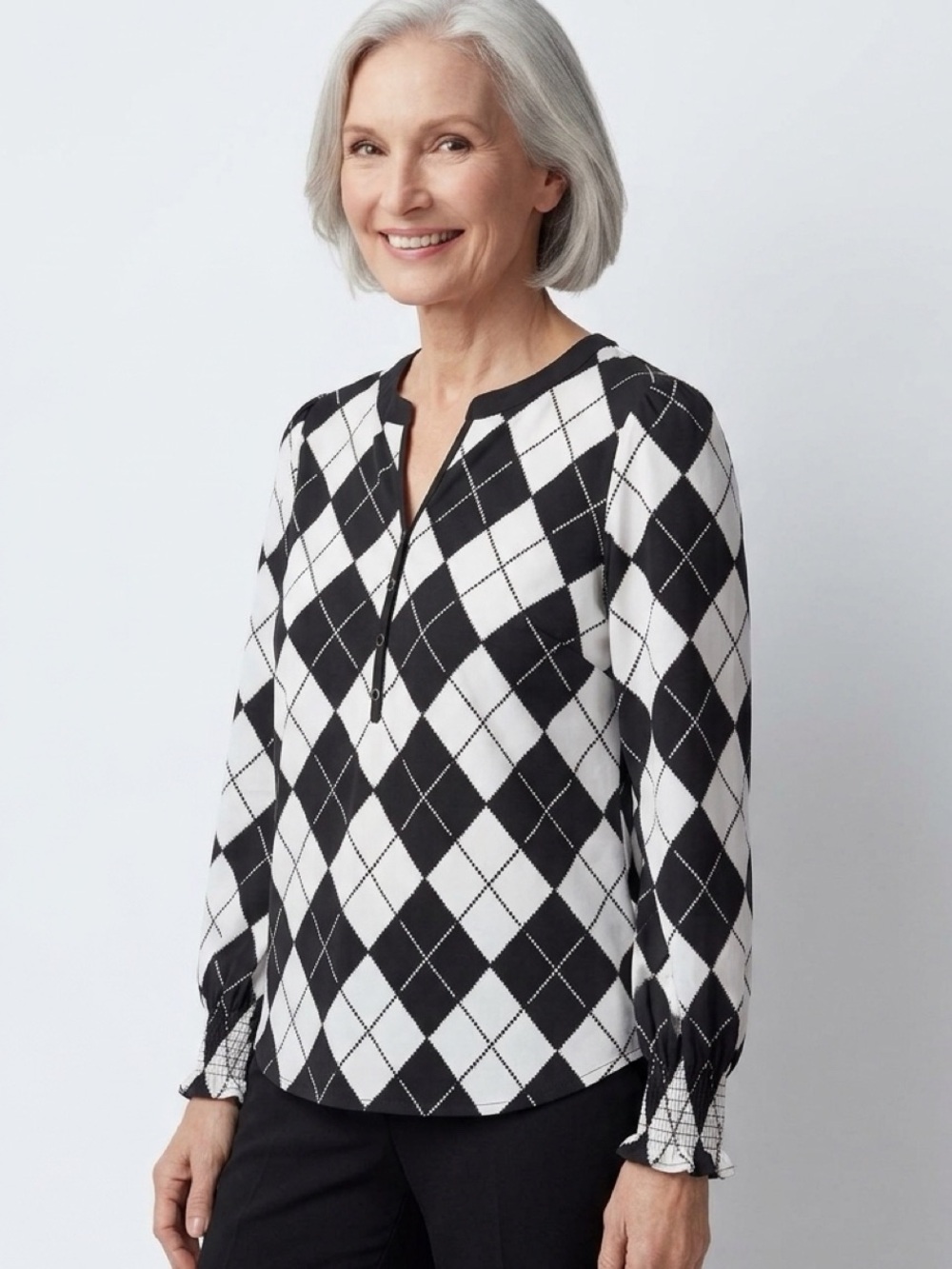 Talbots Petite Large Black White Argyle Blouse Long Sleeve Smocked Cuff Top
